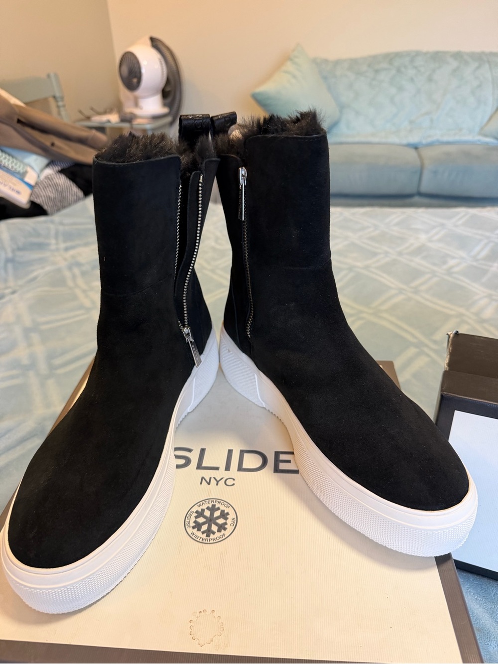J Slides Black Suede Fleece-Lined Zip Platform Ankle Boots-BNIB